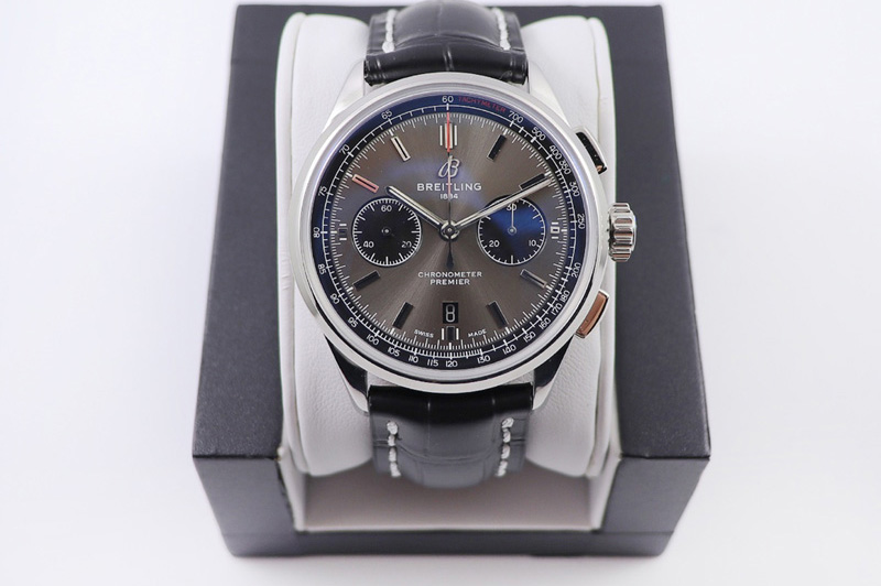 Breitling Premier B01 Chronograph 42 Steel Watch GF Best Edtion in Gray Dial and Black Leather With A7750