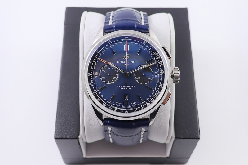 Breitling Premier B01 Chronograph 42 Steel Watch GF Best Edtion in Blue Dial and Blue Leather With A7750