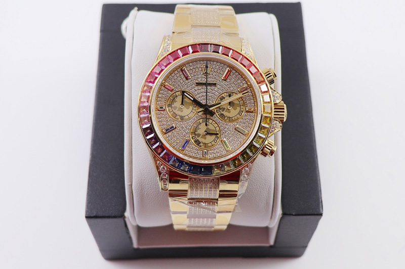 Rolex Daytona 116595RBOW YG Rainbow Crystal JHF Best Edition Diamonds Dial on YG Diamonds Bracelet A4130
