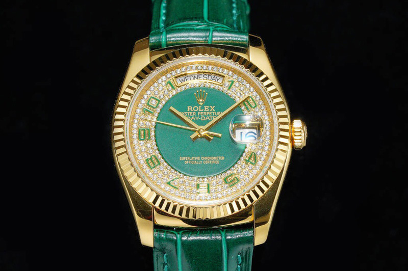 Rolex 118138 Day-Date President Watch in Diamond/Green Dial and Green Leather Strap With A2836