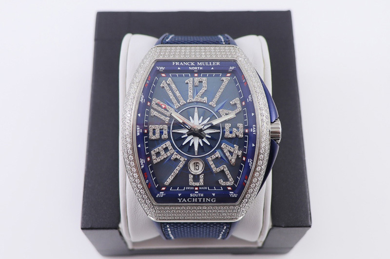 Franck Muller Vanguard V45 SS ZF Best Edition Diamond Bezel Blue Textured Dial on Blue Rubber Strap MIYOTA 9015
