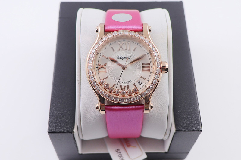 Chopard Happy Sport Automatic 278559 RG 30mm YF 1:1 Best Edition Diamond Bezel White Dial on Rose Leather Starp A2892