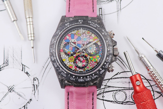 Rolex CronusArt X Daytona DIW WWF Best Edition Full Carbon Case and Bezel Colorful Dial on Pink Nylon Strap A7750