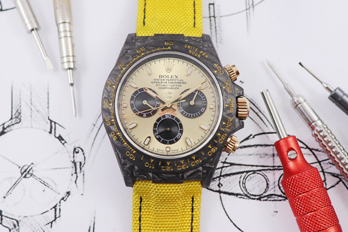 Rolex CronusArt X Daytona DIW WWF Best Edition Full Carbon Case and Gold Black Dial on Yellow Nylon Strap A7750