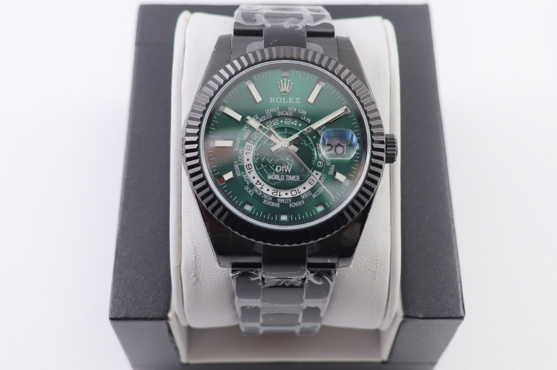Rolex Sky Dweller DIW Custom World Timer Watches Green Dial in Black Case