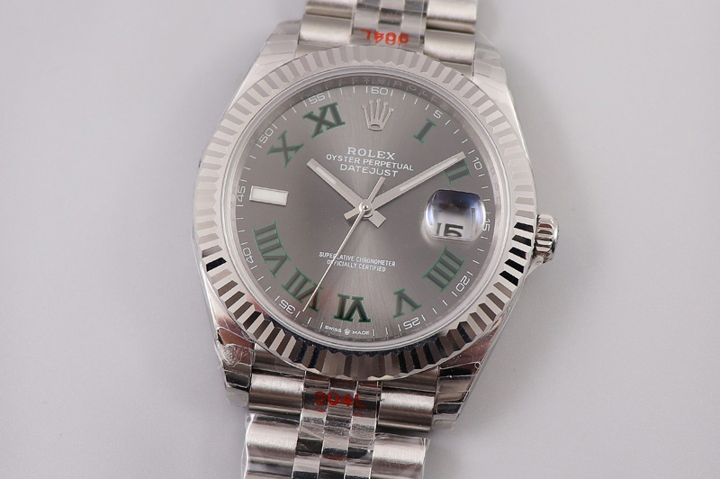 Rolex New DateJust 41 126334 SS REF 1:1 Best Edition Gray Dial Green Roman Markers on Jubilee Bracelet A3235 Clone