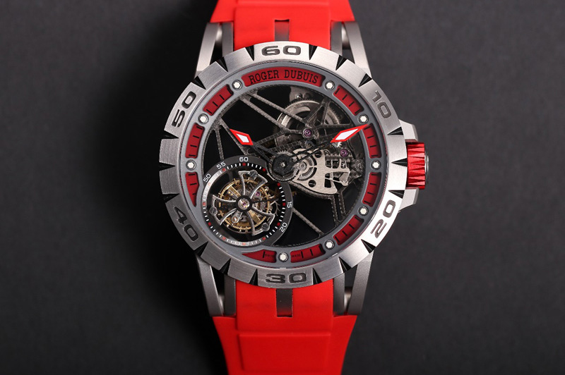 Roger Dubuis Excalibur Sports Tourbillon SS JBF Best Edition Skeleton Red Dial on Red Rubber Strap A2136 Tourbillon