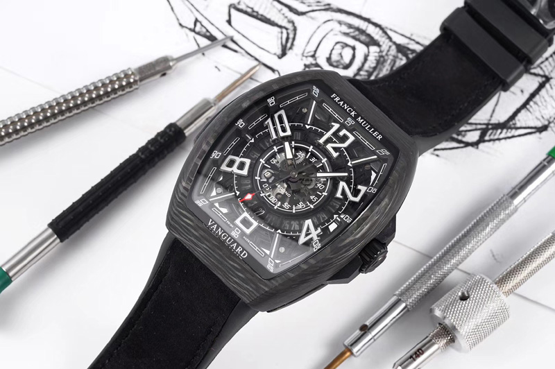 Franck Muller Vanguard Racing Carbon OXF Best Edition Black Skeleton Dial on Black Rubber Strap NH35A