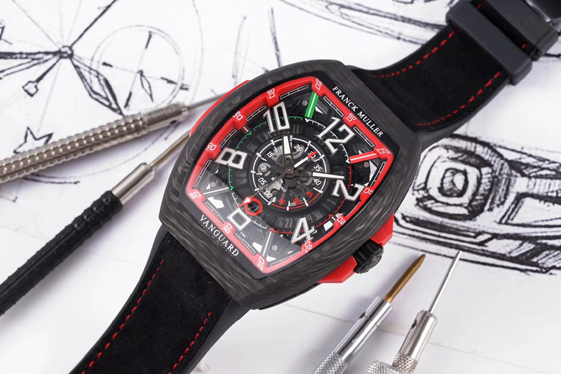 Franck Muller Vanguard Racing Carbon OXF Best Edition Red Skeleton Dial on Black Rubber Strap NH35A