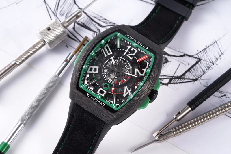 Franck Muller Vanguard Racing Carbon OXF Best Edition Green Skeleton Dial on Black Rubber Strap NH35A