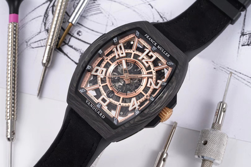 Franck Muller Vanguard Racing Carbon OXF Best Edition Gold Skeleton Dial on Black Rubber Strap NH35A