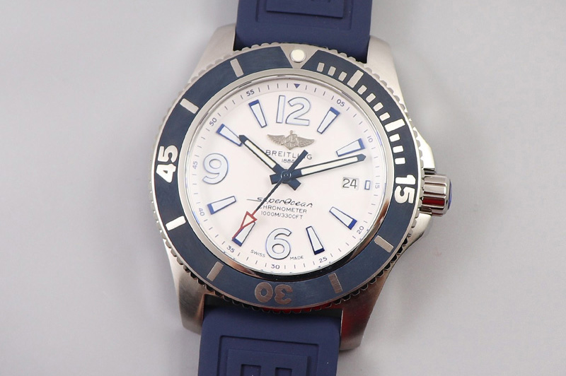 Breitling Superocean Automatic 44 TF 1:1 Best Edition White Dial Blue Bezel on Blue Rubber Strap A2824