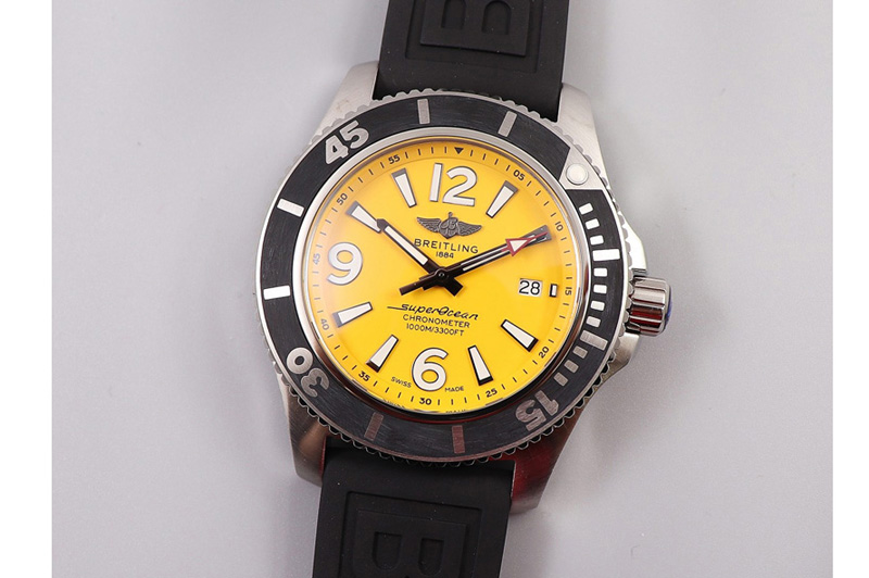 Breitling Superocean Automatic 44 TF 1:1 Best Edition Yellow Dial Black Bezel on Black Rubber Strap A2824