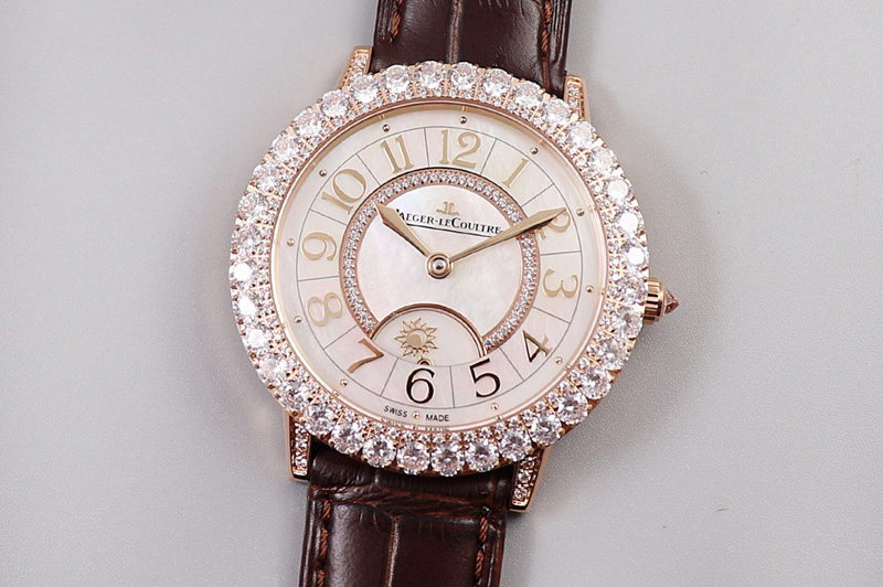 Jaeger-LeCoultre Rendez-Vous Night & Day RG Diamonds Bezel ZF 1:1 Best Edition White MOP Dial on Black Leather Strap A898