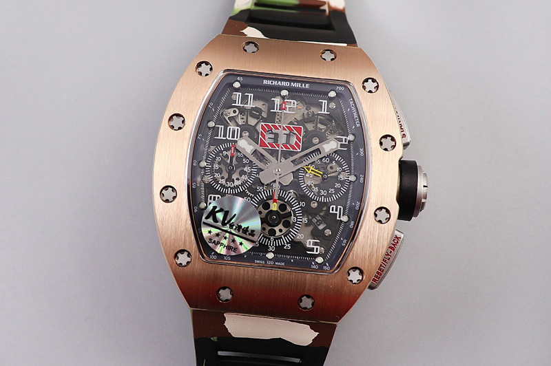 Richard Mille RM011 RG Chrono KVF 1:1 Best Edition Crystal Dial Black on Green Camo Rubber Strap A7750 V3