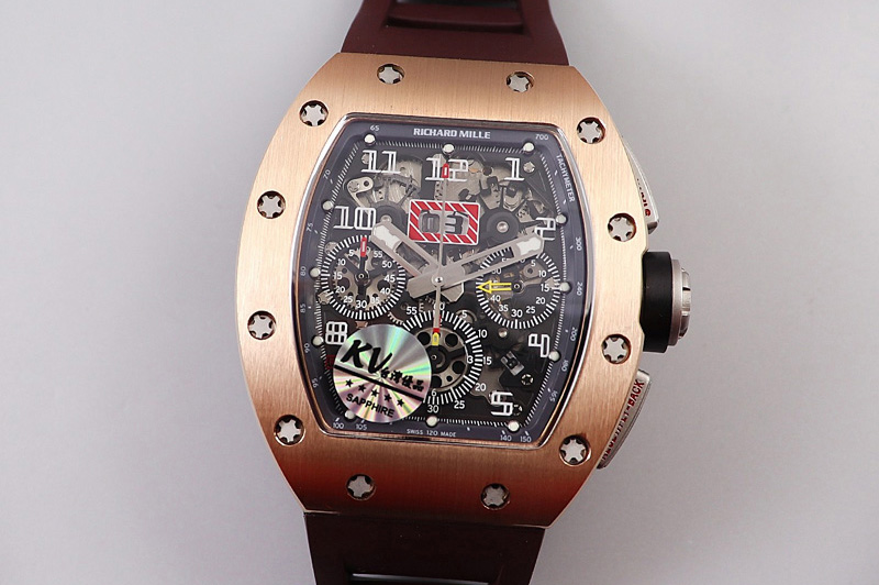 Richard Mille RM011 RG Chrono KVF 1:1 Best Edition Crystal Dial Black on Brown Rubber Strap A7750 V3