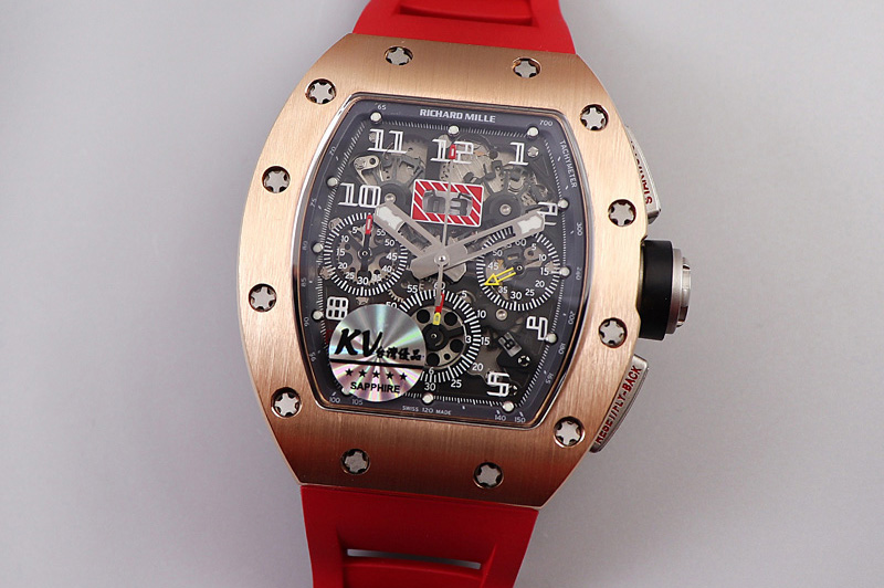 Richard Mille RM011 RG Chrono KVF 1:1 Best Edition Crystal Dial Black on Red Rubber Strap A7750 V3