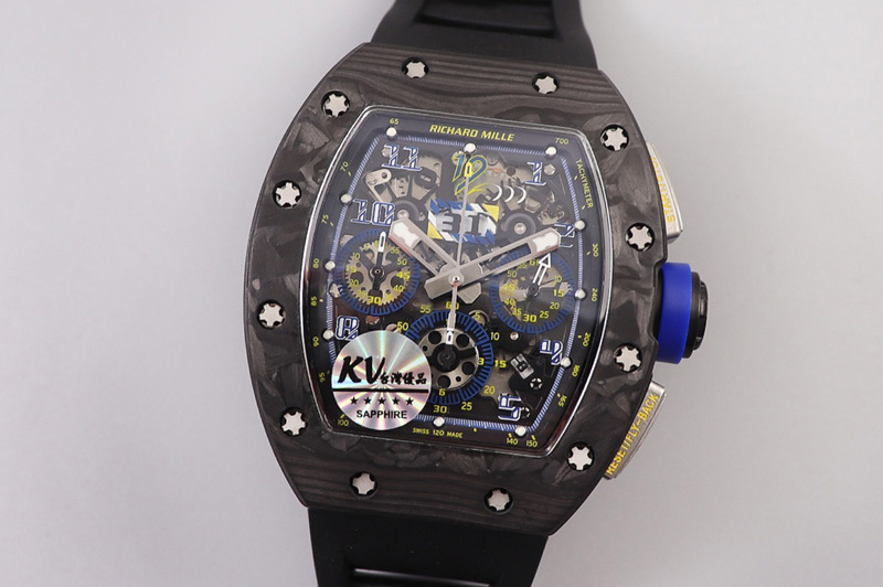 Richard Mille RM011 NTPT Chrono SS Case KVF 1:1 Best Edition Crystal Dial Blue on Black Rubber Strap A7750 V2