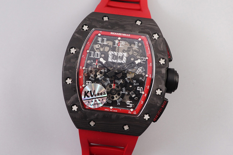 Richard Mille RM011 NTPT Chrono PVD Case KVF 1:1 Best Edition Crystal Dial Red on Red Rubber Strap A7750 V2