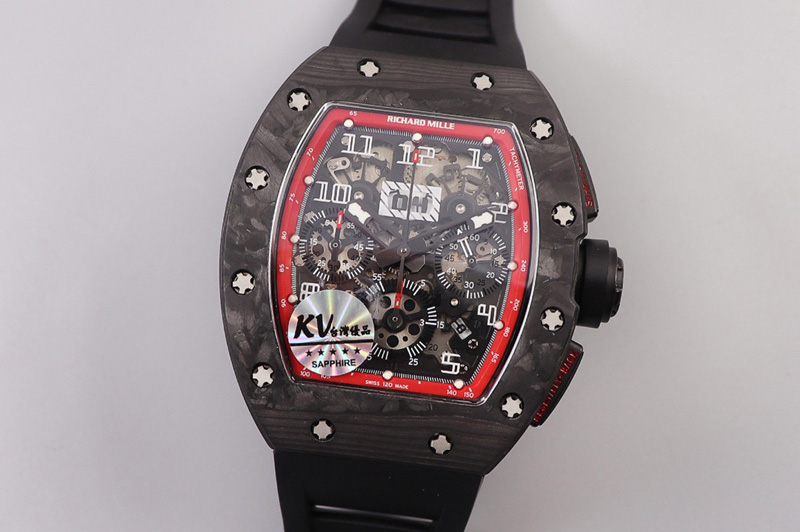 Richard Mille RM011 NTPT Chrono PVD Case KVF 1:1 Best Edition Crystal Dial Red on Black Rubber Strap A7750 V2