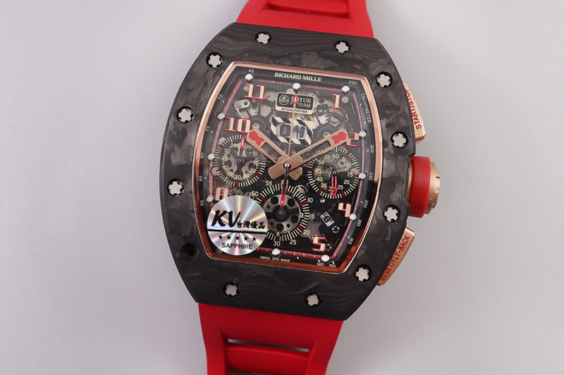 Richard Mille RM011 NTPT Chrono RG Case KVF 1:1 Best Edition Crystal Dial Red on Red Rubber Strap A7750 V2
