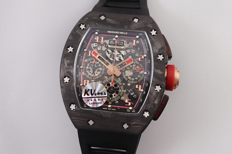 Richard Mille RM011 NTPT Chrono Lotus KVF 1:1 Best Edition Crystal Dial on Black Rubber Strap A7750 V2