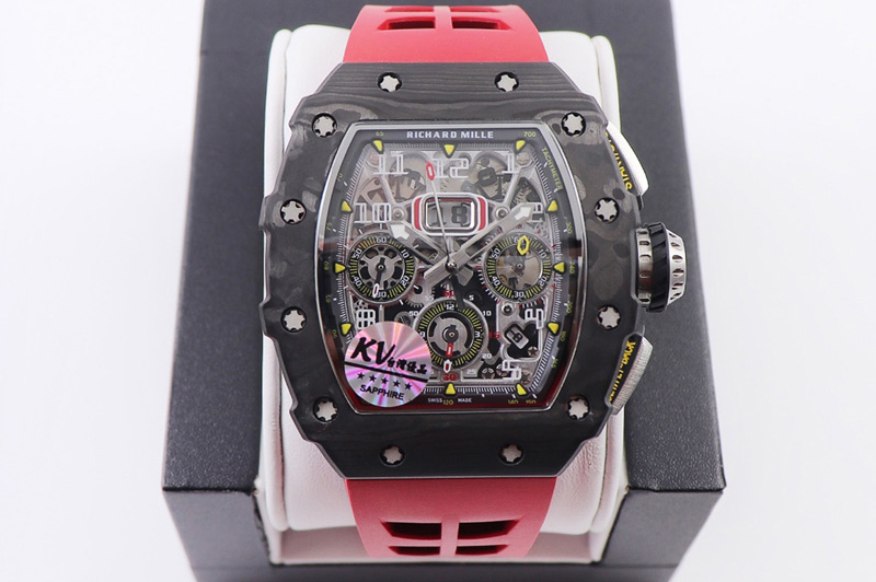 Richard Mille RM011 NTPT Chrono KVF 1:1 Best Edition Crystal Dial on Red Rubber Strap A7750 V2