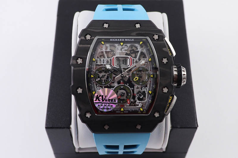 Richard Mille RM011 NTPT Chrono KVF 1:1 Best Edition Crystal Dial on Blue Rubber Strap A7750 V2