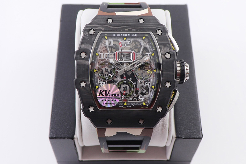 Richard Mille RM011 NTPT Chrono KVF 1:1 Best Edition Crystal Dial on Green Camo Rubber Strap A7750 V2