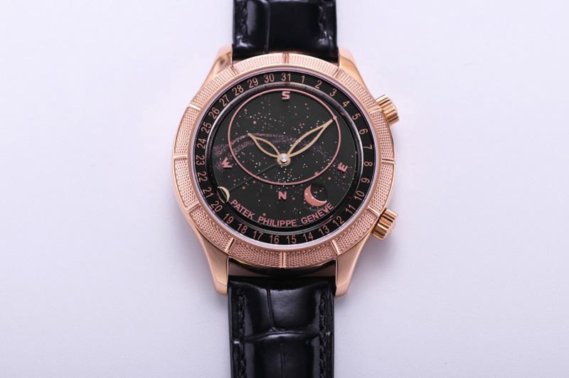 Patek Philippe Grand Complications 6102P Moon RG OXF Best Edition Black Dial on Black Leather Strap A240