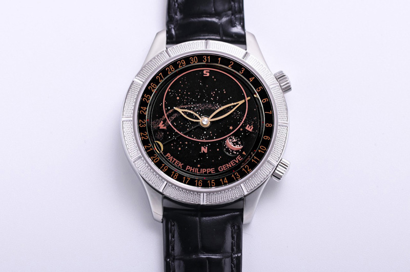 Patek Philippe Grand Complications 6102P Moon SS OXF Best Edition Black Dial on Black Leather Strap A240