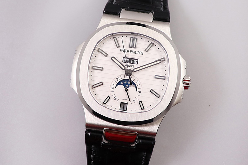 Patek Philippe Nautilus 5726 Complicated SS GRF 1:1 Best Edition White Textured Dial on Black Leather Strap A324