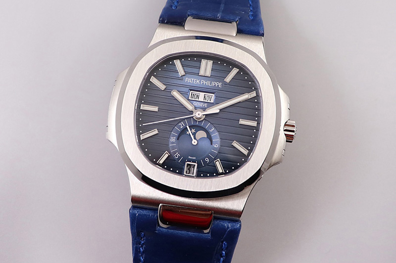 Patek Philippe Nautilus 5726 Complicated SS GRF 1:1 Best Edition Blue Textured Dial on Blue Leather Strap A324