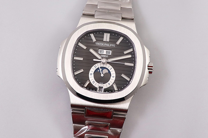 Patek Philippe Nautilus 5726 Complicated SS GRF 1:1 Best Edition Black Textured Dial on SS Bracelet A324