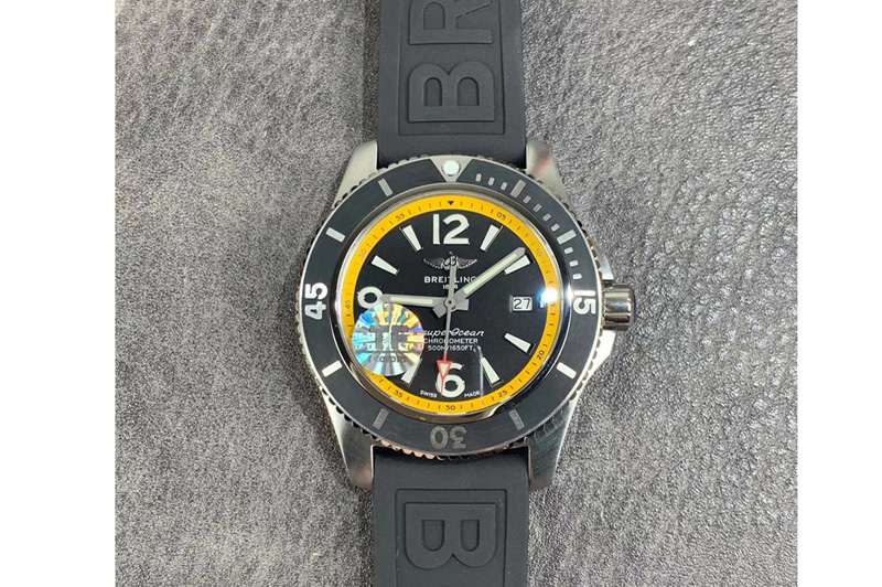 Breitling Superocean Automatic 44 TF 1:1 Best Edition Black/Yellow Dial Black Bezel on Black Rubber Strap A2824
