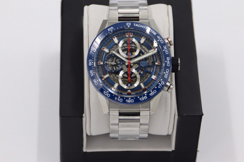 Tag Heuer Calibre Heuer 01 Chrono 43mm Blue Ceramic SS XF 1:1 Best Edition Skeleton Dial on SS Bracelet A1887