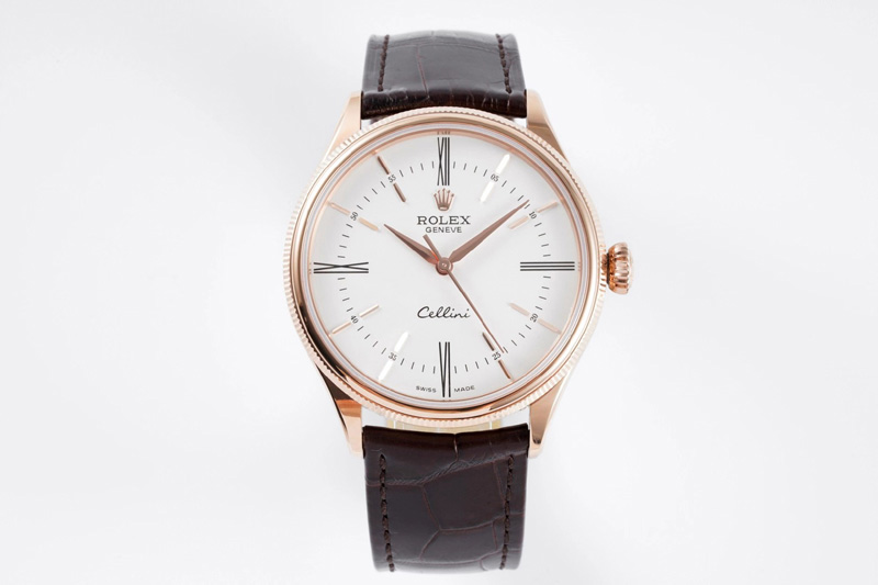 Rolex Cellini RG KZF 1:1 Best Edition White Dial Roman Markers on Brown Leather Strap SA3132