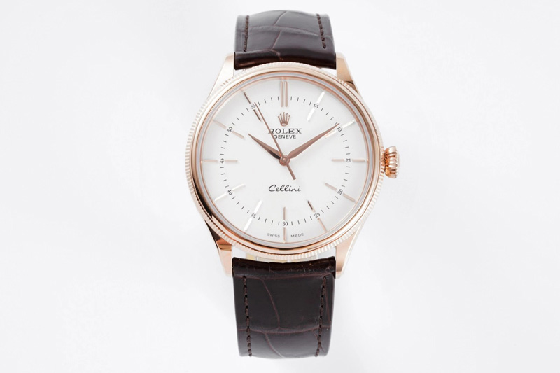 Rolex Cellini RG KZF 1:1 Best Edition White Dial Stick Markers on Brown Leather Strap SA3132