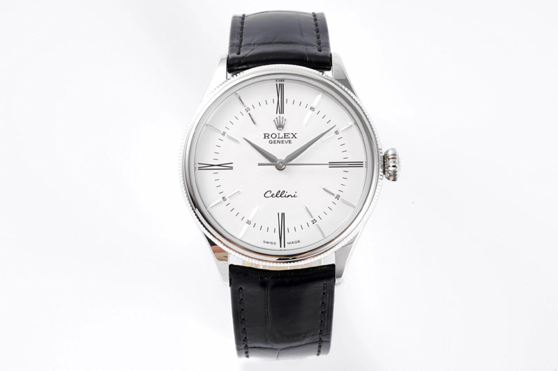 Rolex Cellini SS KZF 1:1 Best Edition White Dial Roman Markers on Black Leather Strap SA3132