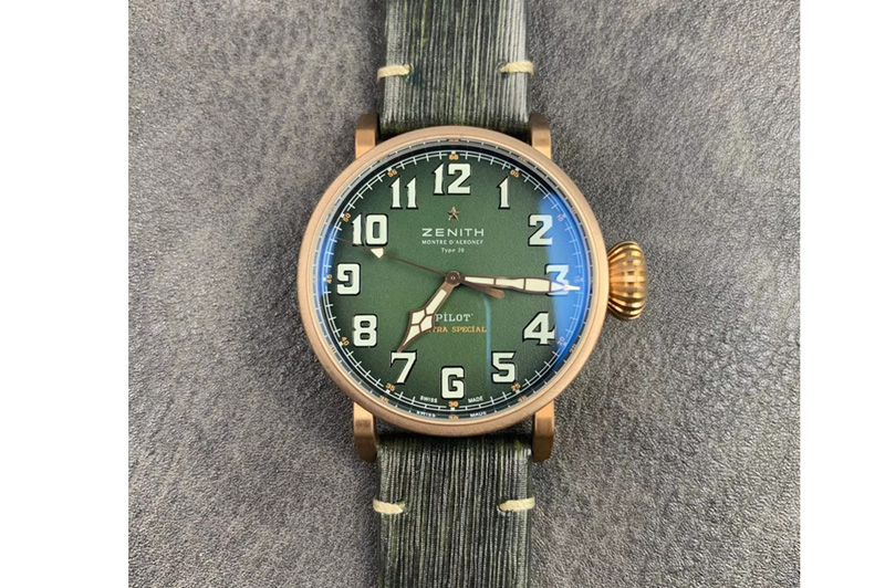 Zenith Pilot Type 20 Extra Special Bronze XF 1:1 Best Edition Green Dial on Green Leather Strap A2824