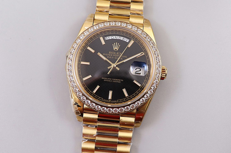 Rolex Day-Date 40mm 228239 EWF Best Edtion YG Diamond Bezel Black Dial President Bracelet A3255