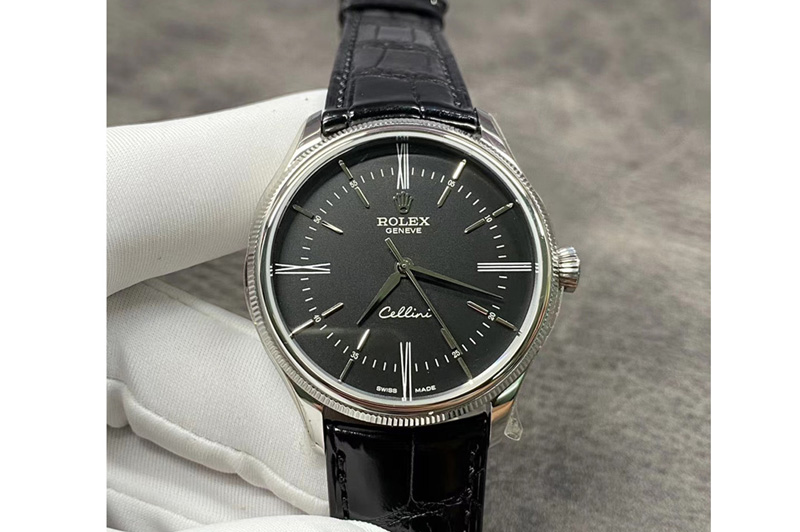 Rolex Cellini 50509 SS GMF 1:1 Best Edition Black Dial Stick Markers on Black Leather Strap SA3132