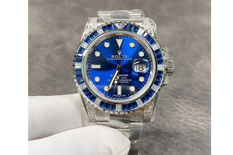 Rolex Submariner Blue Diamonds Bezel SS GSF Best Edition Blue Dial on SS Bracelet A2824