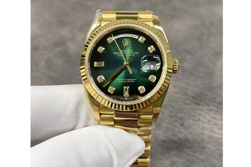 Rolex Day-Date 36 YG 128238 EWF Best Edition Green Gradient Dial Crystal Markers on President Bracelet A3255