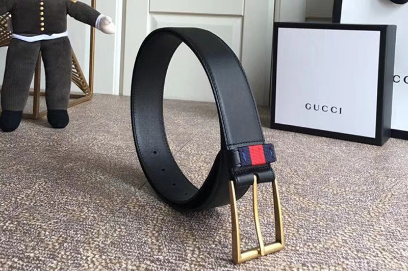 Gucci 474811 4cm Leather belt with Red/Blue Web in Black Black leather