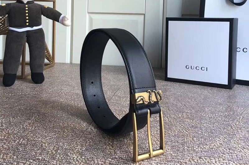 Gucci 474811 4cm Leather belt Gold snake buckle in Black leather