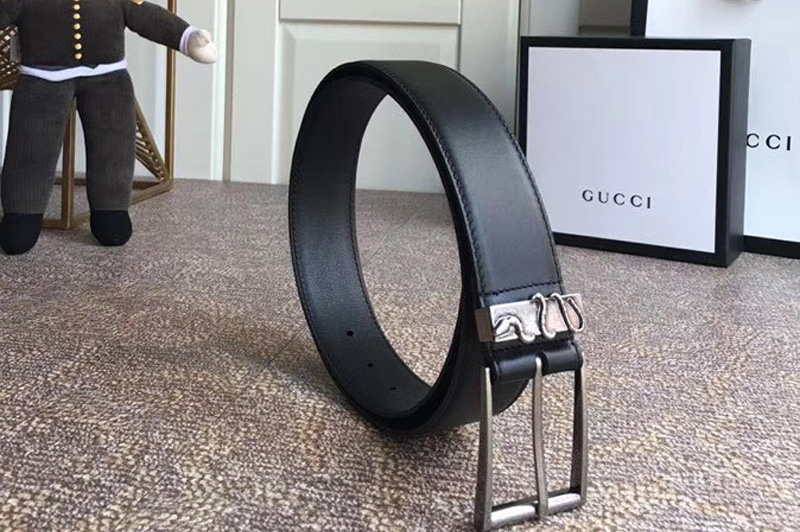 Gucci 474811 4cm Leather belt Silver snake buckle in Black leather