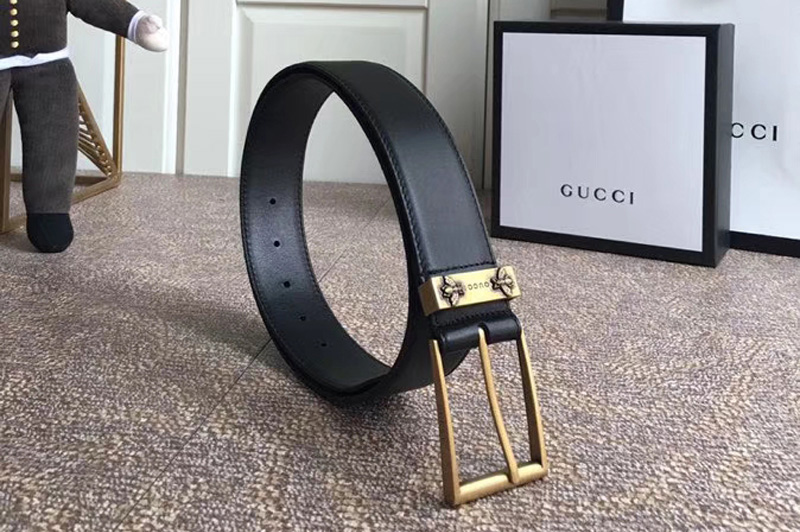 Gucci 474811 4cm Leather belt Gold Bee buckle in Black leather