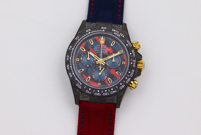 Rolex Daytona DIW Carbon OMF Best Edition Blue/Red Dial on Blue/Red Nylon Strap A4130