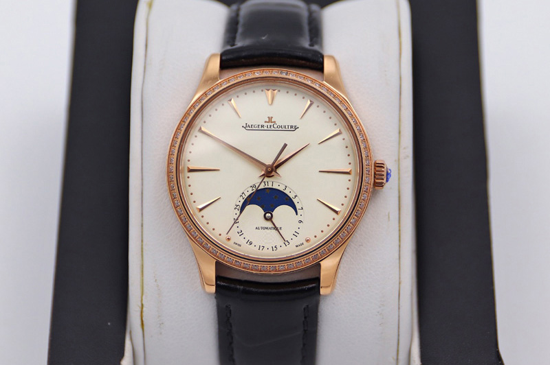 Jaeger-LeCoultre Master Ultra Thin Moonphase RG/LE Diamond Bezel White Dial Black Leather Strap TW MY9015 to Cal.925